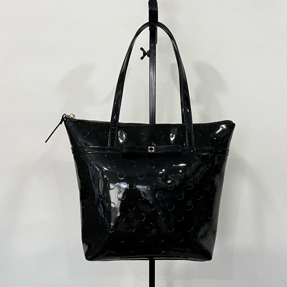 Kate Spade Patent Leather Tote Black Shoulder Bag Glossy Shiny Gold Tone Spade - Picture 1 of 14